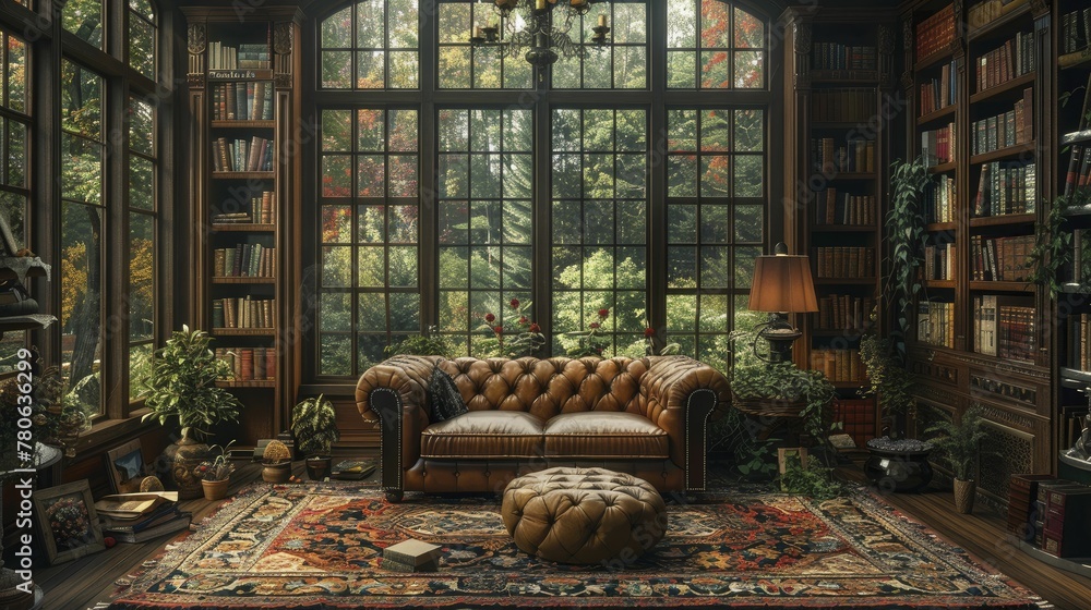 Curl up on a leather chair with vintage books, embracing the autumnal retreat into captivating stories.