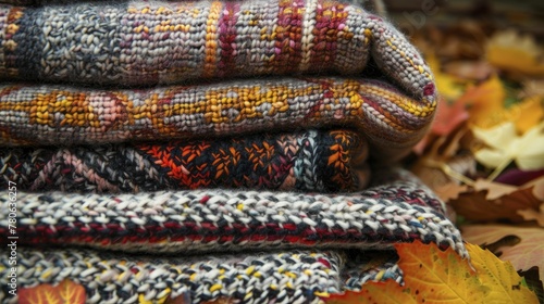 Indulge in the cozy embrace of autumn with a symphony of sweater patterns and the crackling comfort of leaf piles. photo