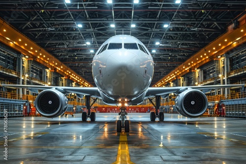 Majestic front view of a commercial aircraft parked in an illuminated hangar for maintenance or before takeoff