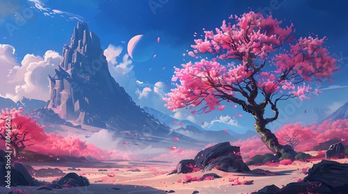 A breathtaking view of a sunset landscape featuring a lone tree under a moonlit sky, painted in vibrant shades of orange, red, and blue, embodying the serene beauty of nature