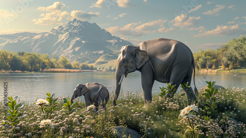 A mother elephant and cub stand on the grass near a water source. This scene is quiet. With the sun shining through the clouds in the background.