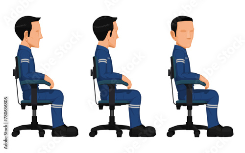 Set of industrial worker on swivel chair on white background
