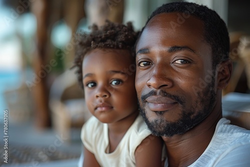 Portrait of an African father and his toddler with similar facial features and expressions