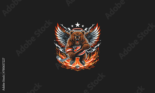 bear playing hockey with wings flames and lightning vector artwork design