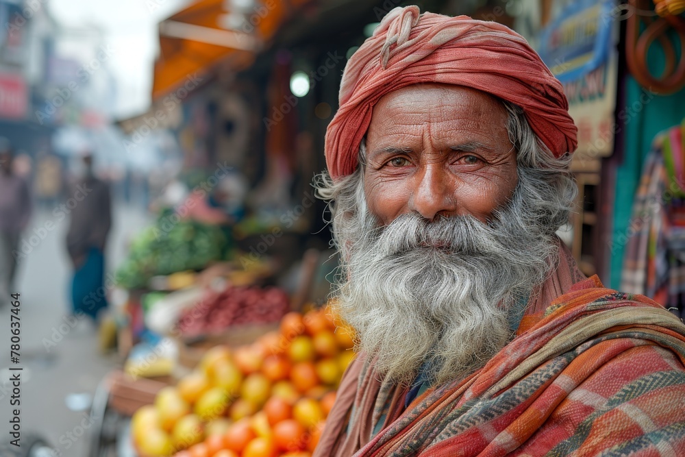 A joyful elderly man beams in front of a colorful fruit stall, radiating warmth and friendliness with traditional apparel A joyful elderly man beams in front of a colorful fruit stall, radiating warmth and friendliness with traditional apparel