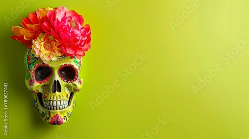 vibrant bold color Mexican skull with colorful purple pink and orange flowers on top, lime green solid color background, festive, copy space for cinco de mayo © World of AI