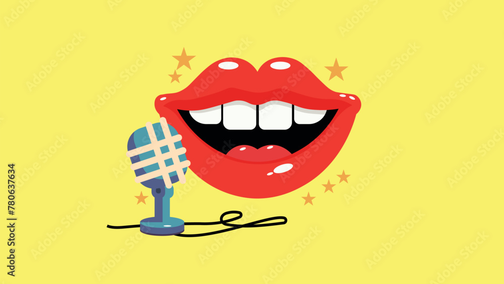 cartoon smiling mouth with red lips, singing into the retro microphone, vector