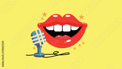 cartoon smiling mouth with red lips, singing into the retro microphone, vector