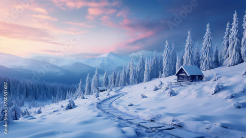 winter landscape in the mountains with snow covered pine trees, blue lake in small village against sunset sky. Scenic view of wild nature