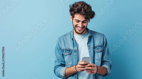 Man focused in smartphone device on pastel blue background. with copy space photo