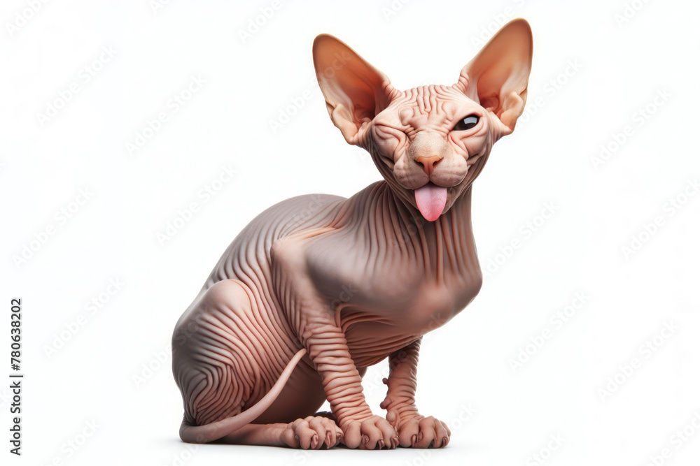 full body sphinx cat winking and sticking out tongue isolated on white background