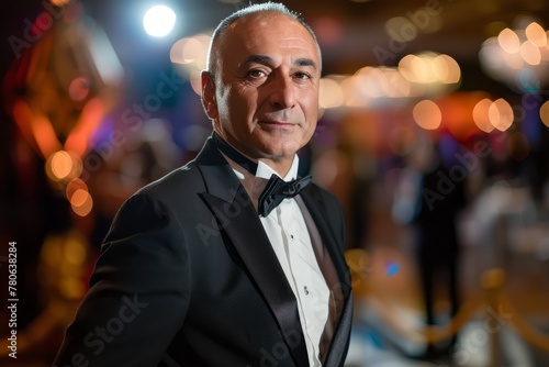 A senior business professional in a tuxedo is striking a pose for a photograph at a corporate gala or awards ceremony