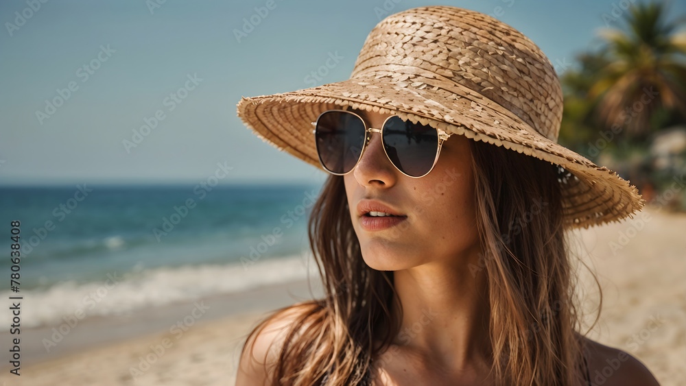 Portrait of a woman on the beach wearing a straw hat and sunglasses looking over to the horizon on a beautiful summer day.