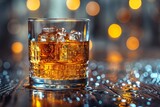 Close up of a whiskey glass on a reflective wet surface with a beautiful golden hue and ice cubes inside the glass