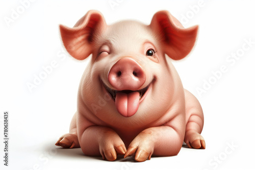 pig winking and sticking out tongue isolated on white background