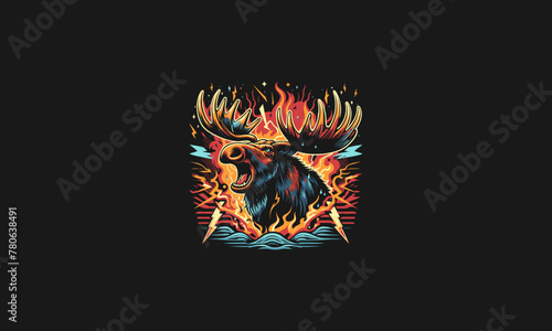 moose angry with flames lightning vector artwork design