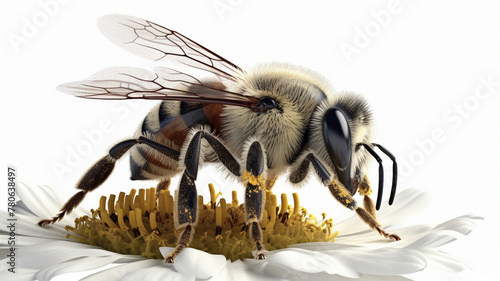 Bee Perching on a Flower in Close Up, Collecting Pollen and Nectar, Bees on White Background