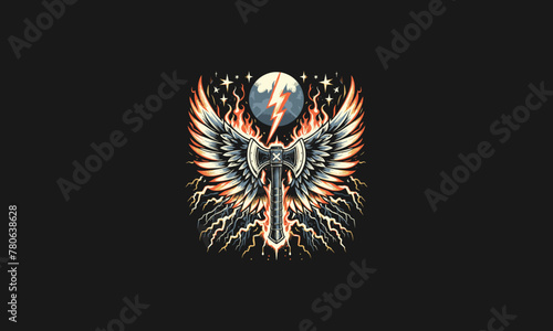 ax with wings flames and lightning vector design