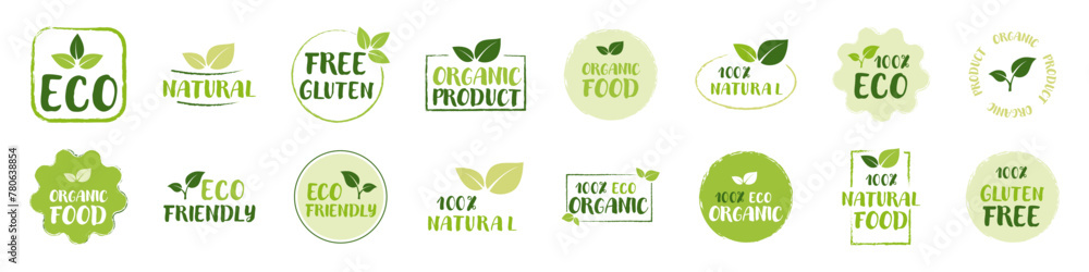 Organic food. Organic food elements or label. Set of Eco, Free gluten, Natural 100%, Eco Friendly, Organic product