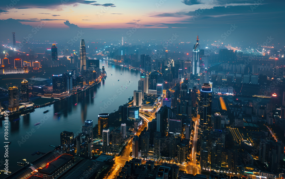 China riverside city dusk scenery,created with Generative AI tecnology.