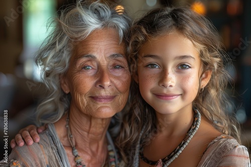 Elderly woman with gray hair and young girl hug, showing loving family relationship © Larisa AI