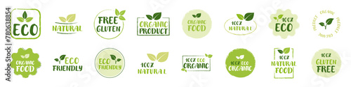 Organic food. Organic food elements or label. Set of Eco, Free gluten, Natural 100%, Eco Friendly, Organic product