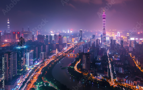 Wallpaper Mural China riverside city dusk scenery,created with Generative AI tecnology. Torontodigital.ca