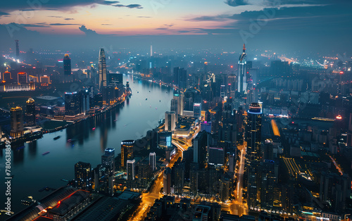 China riverside city dusk scenery,created with Generative AI tecnology. photo