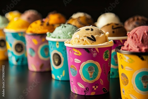 A row of vibrant cups containing delicious scoops of ice cream