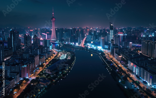 China riverside city dusk scenery,created with Generative AI tecnology.