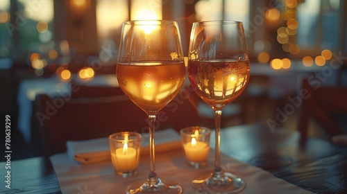 Warm light in a loft restaurant with wine glasses