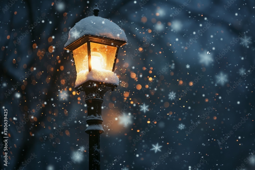 A street light shining brightly as snow falls in the background, creating a wintry scene