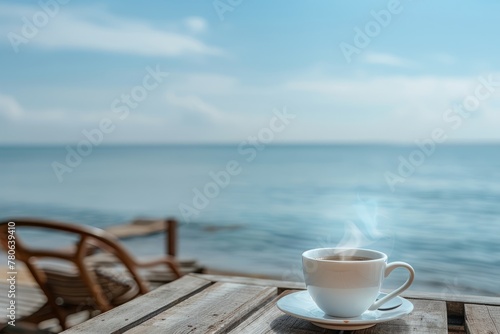 A cup of coffee resting on top of a rustic wooden table, set against a neutral background