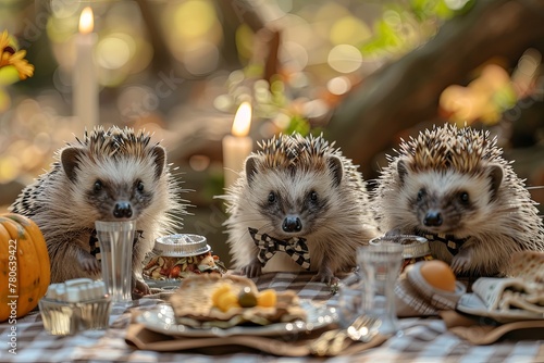 family of hedgehogs hosting a fancy dinner party in their burrow, complete with tiny bowties and elegant table settings. © Andrea Izzotti