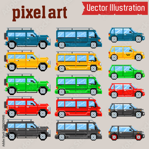 Assorted Pixel Art Vehicles, Retro Style Vector Illustration
