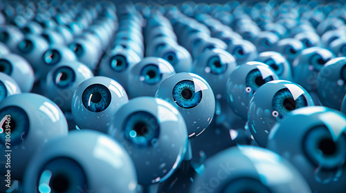 A vast sea of hundreds of blue glass reflective dilated eyeballs. photo