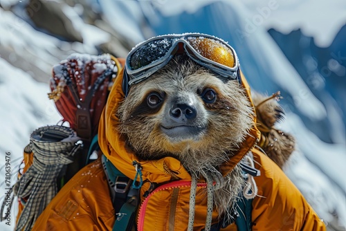 a sloth with backback and wearing mountain clothes and gear climbing everest mountain