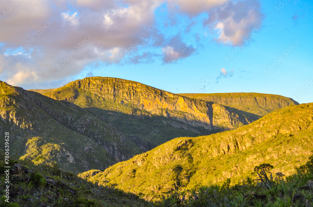 Sunset in the Serra do Cipó mountains in Brazil. Coloring the high altitude fields yellow.