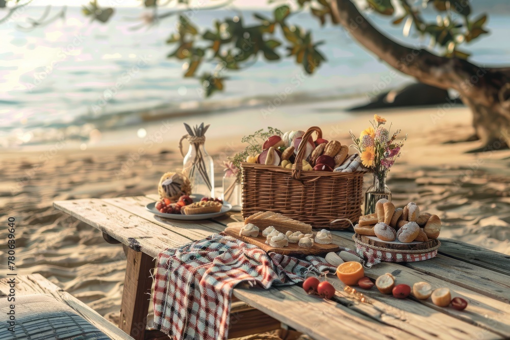A picnic setup on a wooden table at the beach, featuring a checkered blanket, bread, and assorted fruits