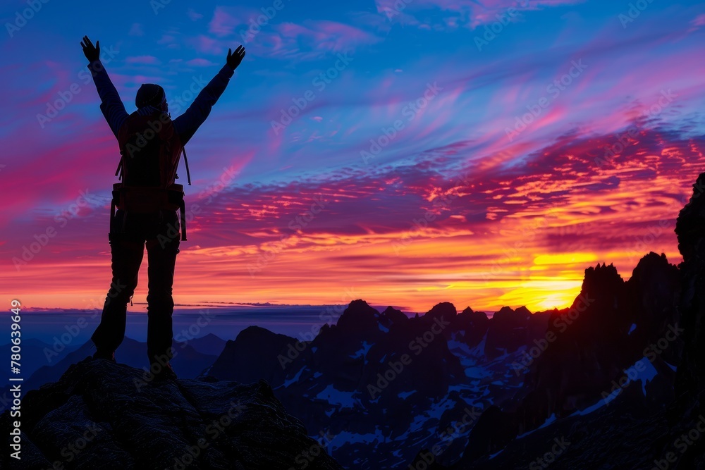 A person stands triumphantly on a mountain top with their arms raised, silhouetted against the sunrise