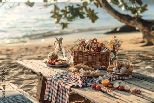 A picnic setup on a wooden table at the beach, featuring a checkered blanket, bread, and assorted fruits © Ilia Nesolenyi