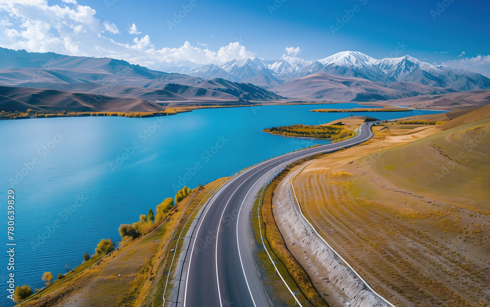 Aerial view of lake and road in Xinjiang, China,created with Generative AI tecnology.