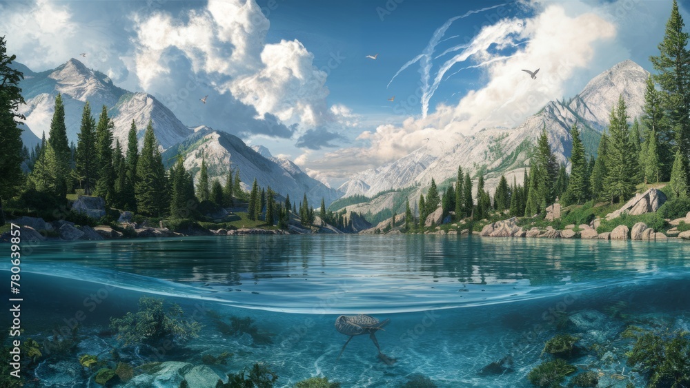 Tranquil Mountain Lake Landscape: HD Wallpaper - obrazy, fototapety, plakaty 