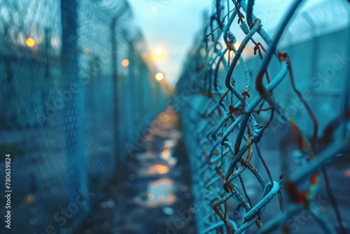 A moody twilight settles over a foreboding barbed wire fence, hinting at themes of confinement and control