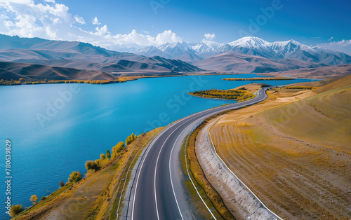 Aerial view of lake and road in Xinjiang, China,created with Generative AI tecnology.