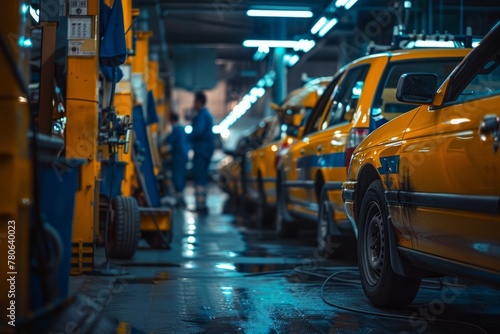 Line of bright yellow taxi cabs parked closely together at a service center, with mechanics inspecting and servicing the vehicles
