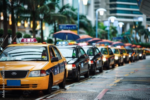 A line of taxi cabs parked along the side of a busy urban street, waiting for passengers photo