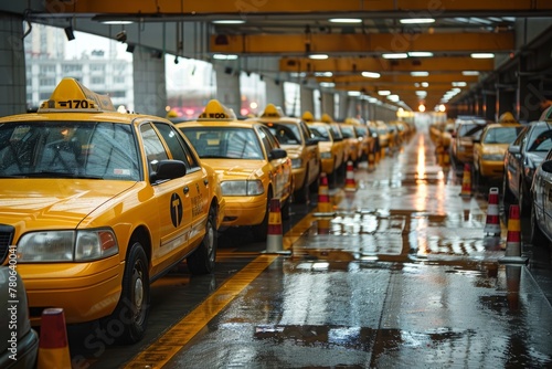 A line of taxi cabs parked next to each other at a designated taxi stand area with drivers waiting for passengers photo