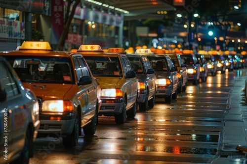 Line of taxi cabs parked along the side of the street at a designated stand area with drivers waiting