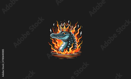 crocodile wearing crown with flames and lightning vector design